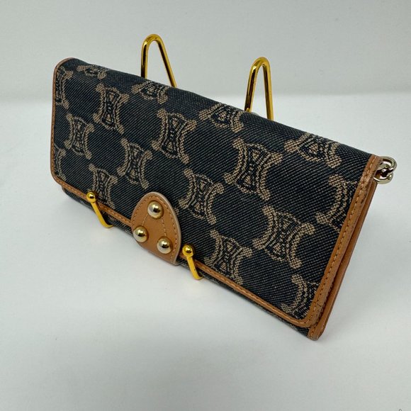 💯Authentic CELINE Denim Paris Macadam Pattern Continental Wallet Indigo/Bronze - Picture 2 of 9